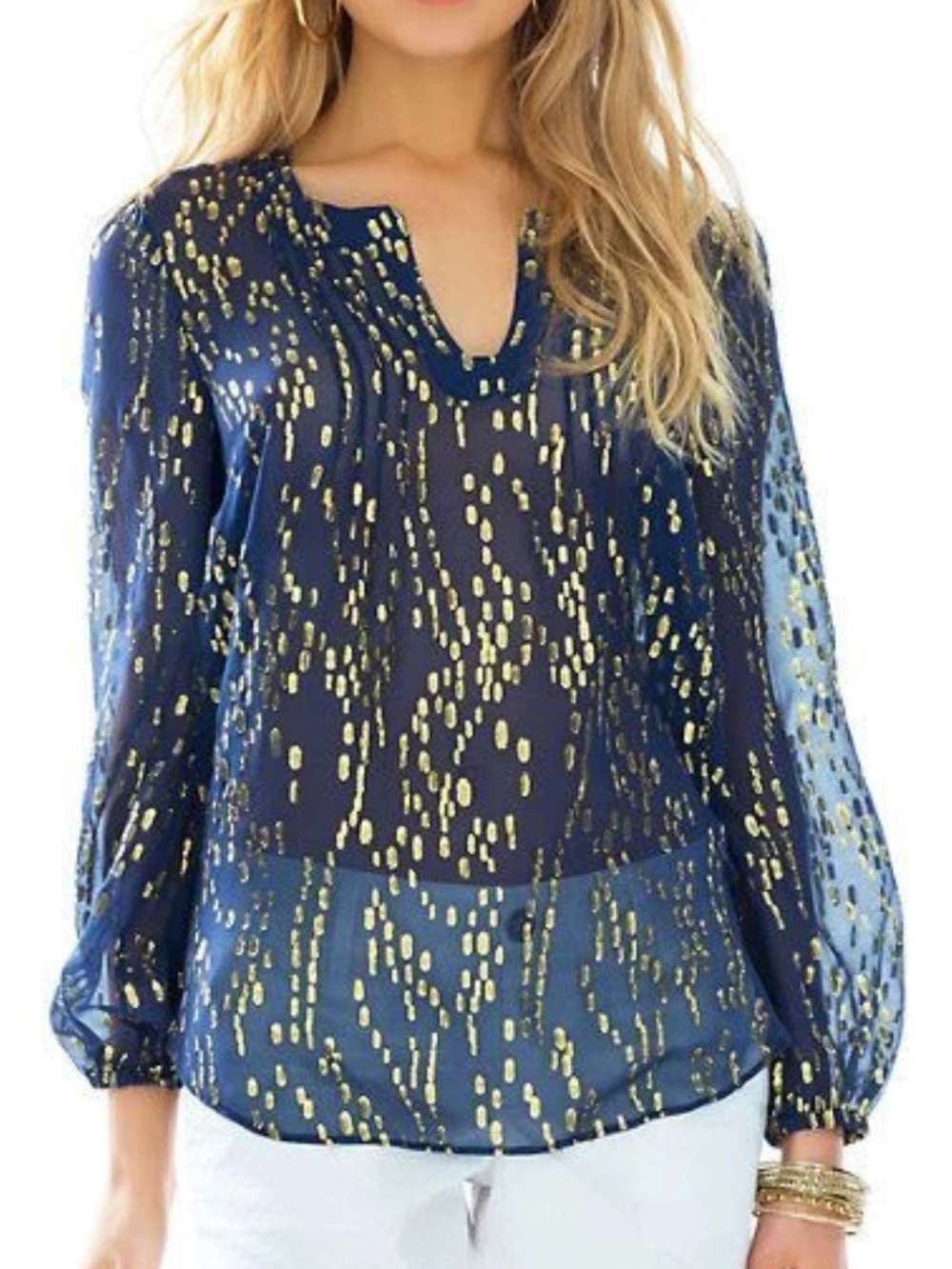 New! Lilly Pulitzer Navy Sheer Blouse w/ Gold Metallic Dots